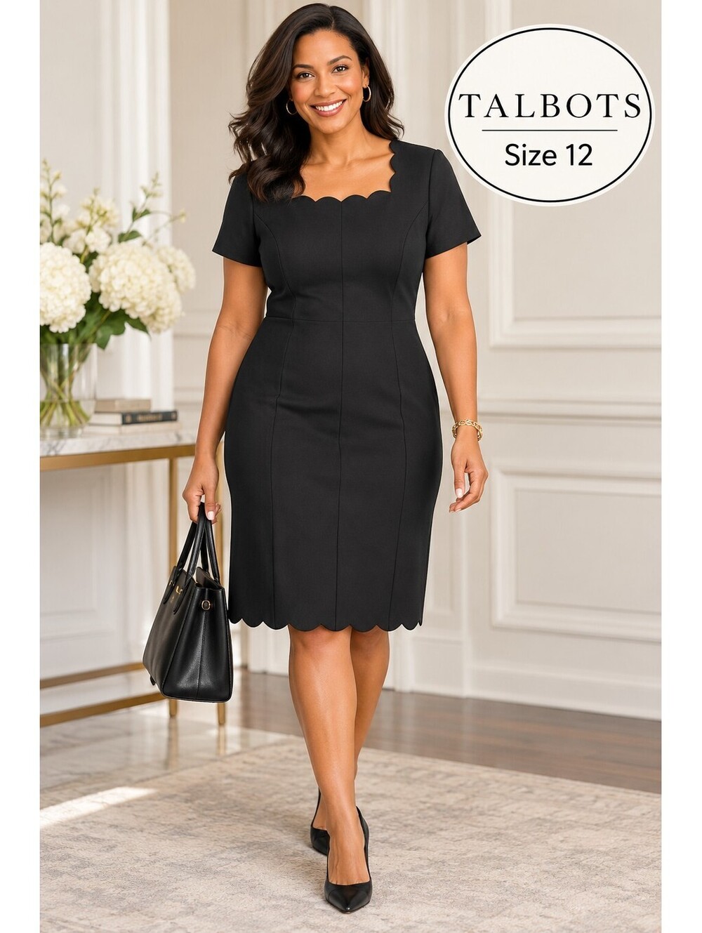 Talbots | 12 | Black Scalloped Square Neck Short Sleeve Sheath Dress